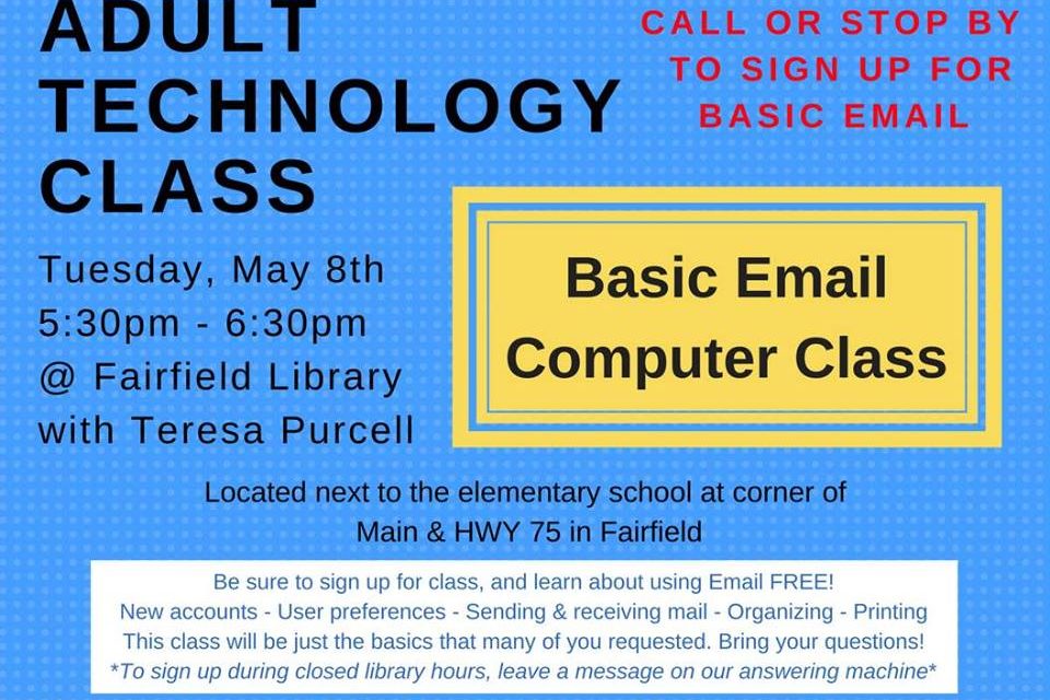 Basic Email Computer Class Offered Tuesday at Fairfield Library