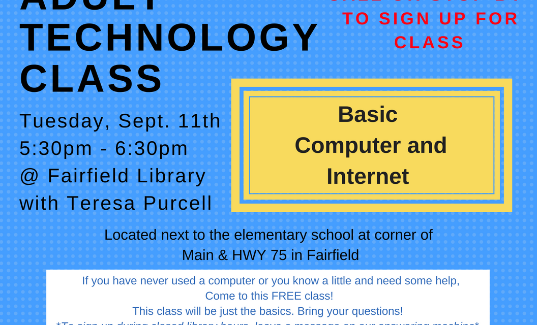 Computer Basics Tech Class Offered Tuesday at Fairfield Library